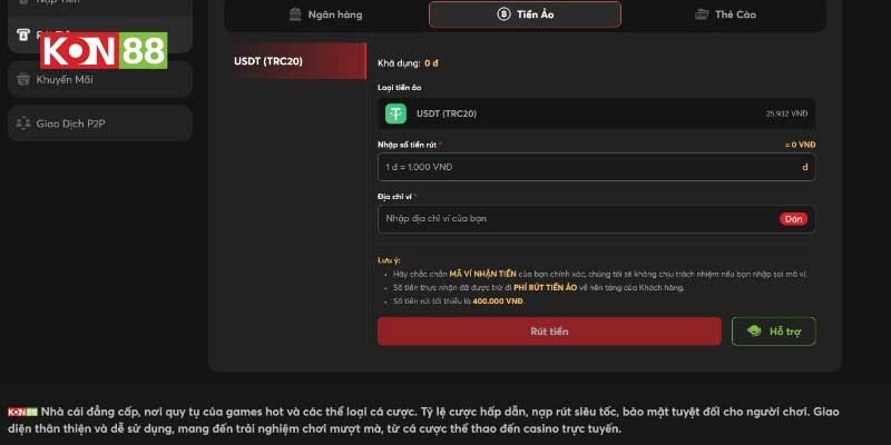 Cách rút tiền KON88  bằng tiền ảo USDT